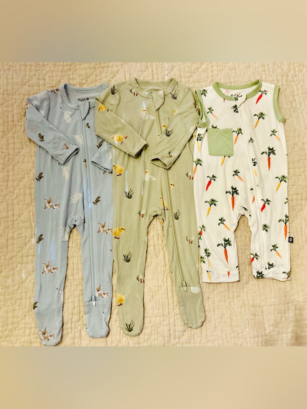 Kyte BABY Light Blue, Sage Green footies & Carrot romper